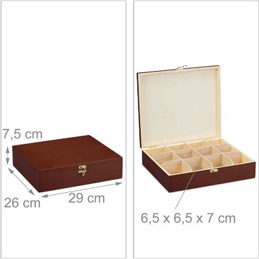 Relaxdays Teebox, 12 Fächer, Holz, Organizer, HBT: 7,5 x 29 x 26 cm, braun