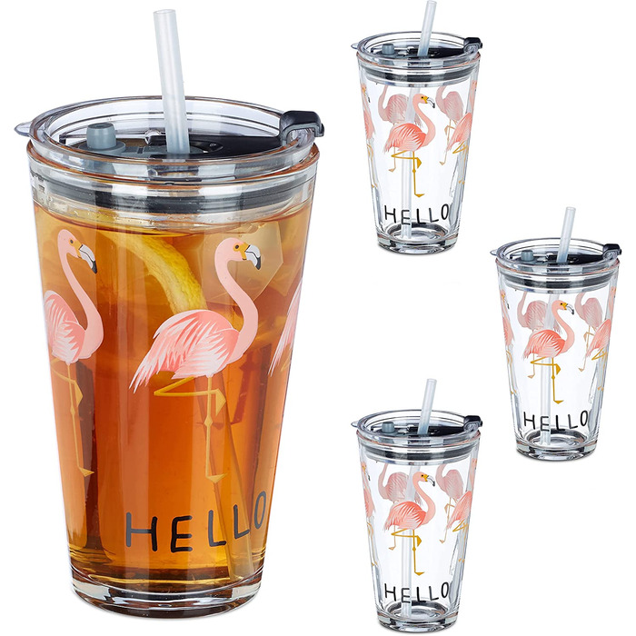 Relaxdays Glasbecher mit Deckel & Strohhalm, 4er Set Flamingo Gläser, 450 ml, spülmaschinenfest, Trinkglas, transparent