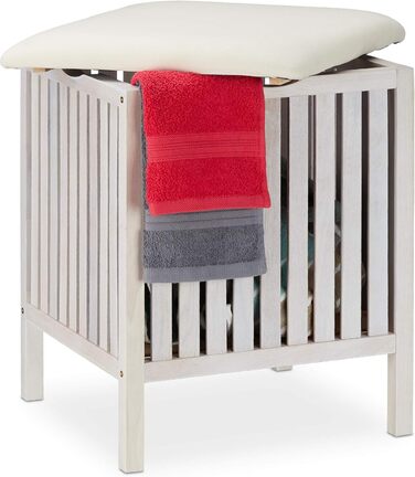 Relaxdays Wäschekorb mit Sitz, Badhocker, Landhausstil, 40 l, Holz & Stoff, 53x41x41 cm, weiß