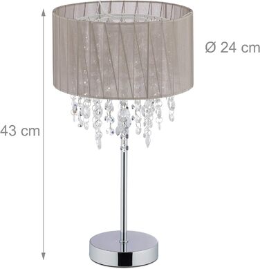 Relaxdays Tischlampe Kristall, Lampenschirm aus Organza, runder Standfuß, Nachttischlampe, HxD: 43 x 24 cm, grau/silber
