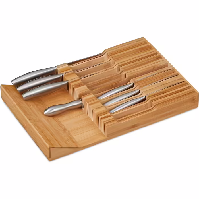 Relaxdays Messerhalter Bambus, 16 Messer & Wetzstahl, 5x43x29 cm, natur