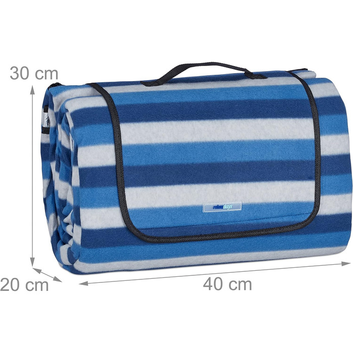 Relaxdays XXL Picknickdecke, 200x300 cm, isoliert, wasserdicht, gestreifte Fleece Stranddecke, Tragegriff, blau/weiß