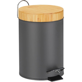 Relaxdays Mülleimer Bad, 3 l, Kosmetikeimer mit Absenkautomatik, Bambusdeckel, entnehmbarer Inneneimer, Treteimer, (Grau)