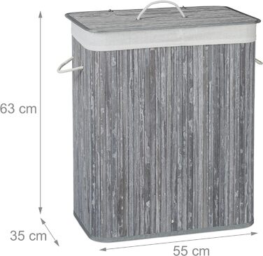 Relaxdays Wäschekorb Bambus, rechteckig, 2 Fächer, 95 l, faltbar, mit Deckel, (Grau)