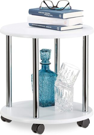 Relaxdays rollbarer Beistelltisch, Holz, 4 Rollen, 2 Ebenen, MDF, HBT: 41,5x40x40cm, weiß rund