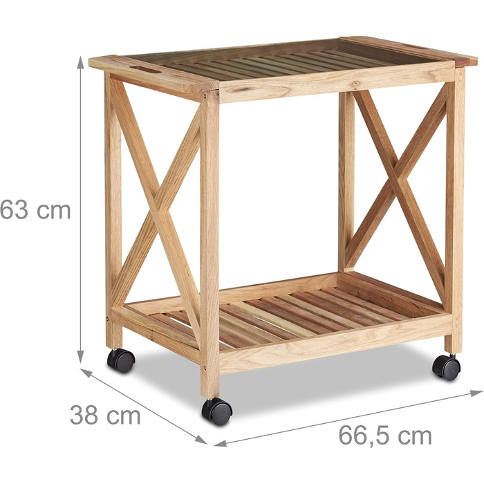 Relaxdays Küchenwagen Holz, 2 Etagen, Rollwagen mit Glasplatte, 63x66,5x38 cm, natur