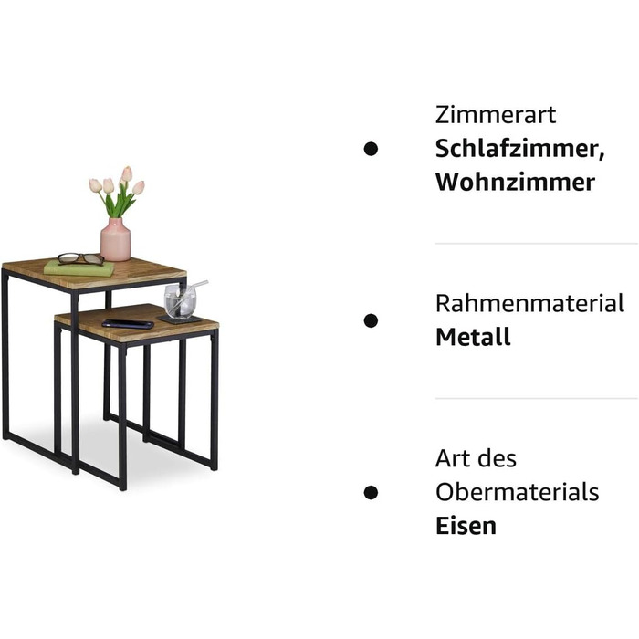 Relaxdays, stapelbar, Satztisch 2 Größen, quadratisch, Metall, Holzoptik/schwarz, Eisen, Beistelltisch 2er-Set im Industrie-Design