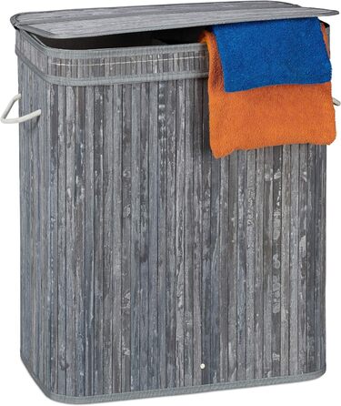 Relaxdays Wäschekorb Bambus, rechteckiger Wäschesortierer, 2 Fächer, Klappdeckel, faltbar, 95 l, (Grau)