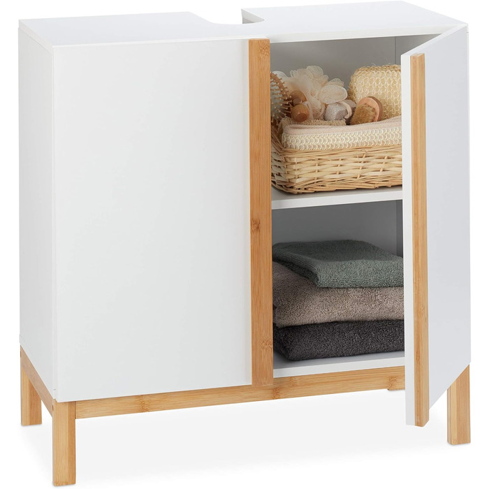 Relaxdays Waschbeckenunterschrank, 2 Fächer, MDF & Bambus, HBT 60,5x60x30,5cm, Natur