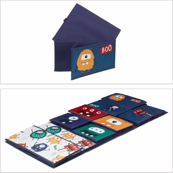 Relaxdays Kinderregal mit 9 Stoffboxen, Monster Design, HxBxT: 70 x 92,5 30 cm, Spielzeugregal fürs Kinderzimmer, bunt, Dunkelblau, Türkis, Orange