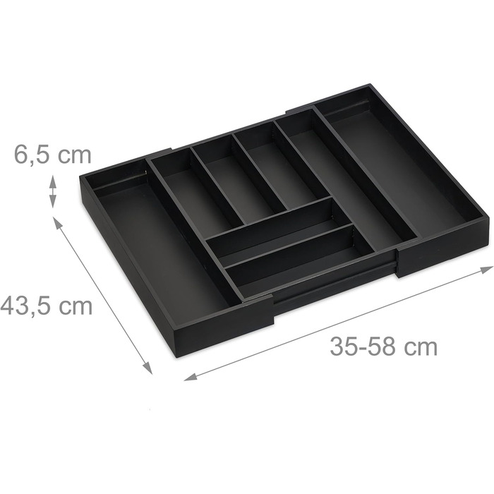 Relaxdays Besteckkasten, Bambus, HBT 6,5 x 35-58 x 43,5 cm, 6-8 Fächer, schwarz
