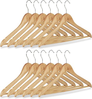 Relaxdays Kleiderbügel Set, 12 Hosenbügel aus Holz, Garderobenbügel, Haken 360° drehbar, HxB: 22,5x44,5cm, natur/silber
