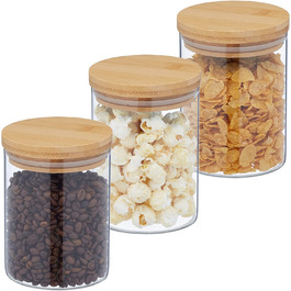 Relaxdays Vorratsgläser, 3er Set, Glas, 650 ml, luftdicht, transparent/natur