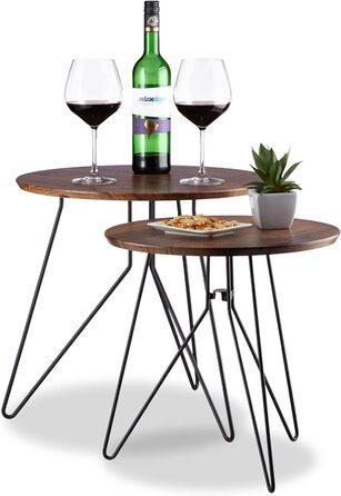 Relaxdays Beistelltisch 2er-Set, runde Satztische mit Metallgestell, Ablagetische, Tischplatte 40 u. 48 cm, MDF,  Standard (Braun)