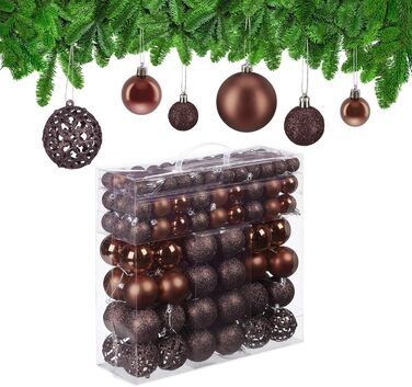 Relaxdays Weihnachtskugeln 150er Set, glitzernd/matt/glänzend, Kunststoff, ∅ 3/4/6 cm, Braun