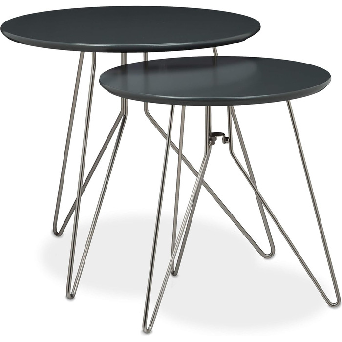 Relaxdays Beistelltisch 2er-Set, runde Satztische mit Metallgestell, Ablagetische, Tischplatte 40 u. 48 cm, MDF,  Standard (Grau)
