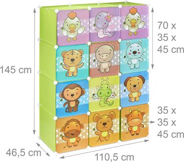 Relaxdays,  Steckregal Kinderzimmer, Tiermotive, Jungen, Türen, Kleiderstangen, Kunststoff Kleiderschrank, 145x110cm, 60%, Standard (Grün)