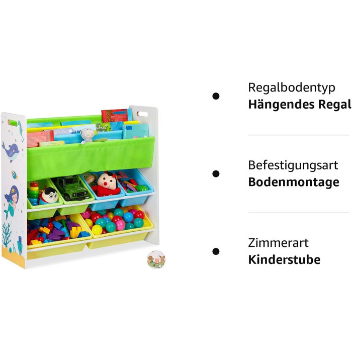 Relaxdays Kinderregal, 6 Boxen, 4 Stofffächer, Lagerfeuer Kindermotiv, Spielzeugregal HxBxT: 78 x 86 x 26,5 cm,  1 Stück (Meerjungfrau)