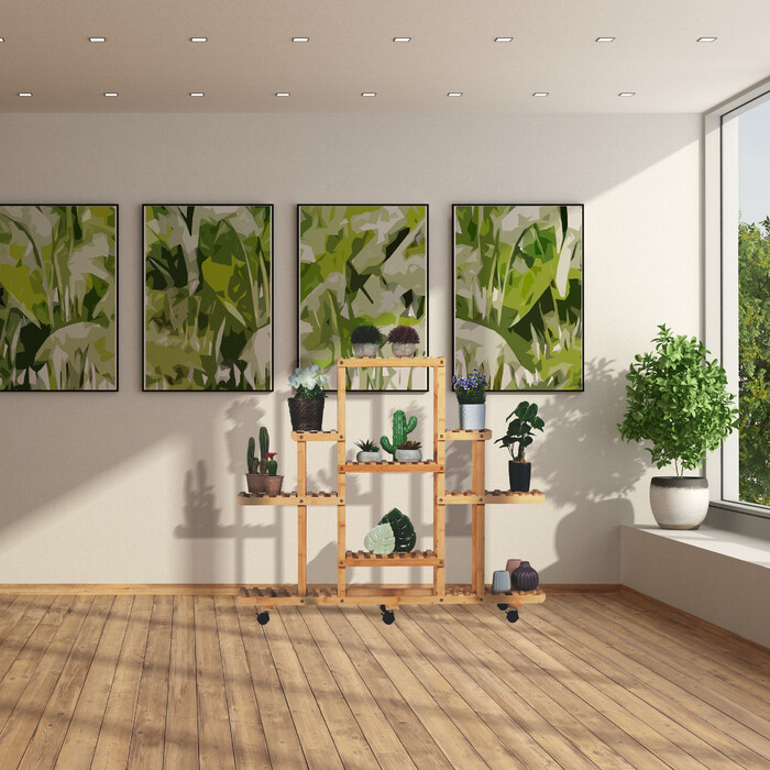 Relaxdays Bambus Pflanzenregal mit Rollen