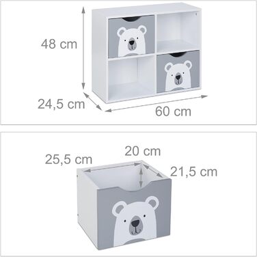Relaxdays Kinderregal Bär, 2 Schubladen, 2 offene Fächer, H x B x T: 48 x 60 x 24,5 cm, Bücherregal Kinder, weiß/grau 48 x 60 x 24,5 cm Weiß/Grau
