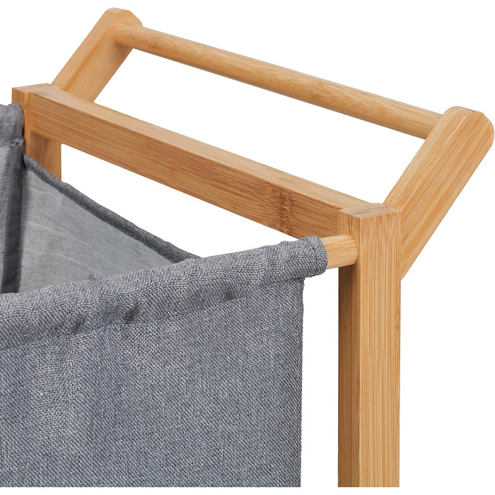 Relaxdays Wäschekorb, 2 Fächer, 80 l, auf Rollen, Bambus & Stoff, 76x65x35 cm, natur/grau