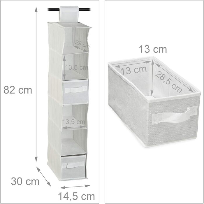 Relaxdays Hängeregal Stoff, 6 Fächer, 2 Schübe, für Kleiderschrank, HBT: ca. 82x14,5x30 cm, Weiß