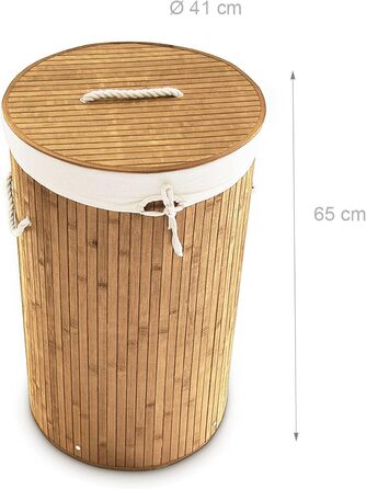 Relaxdays Wäschekorb Bambus, faltbar, Deckel, 70 l, Baumwoll-Wäschesack, rund Ø 41 cm, natur