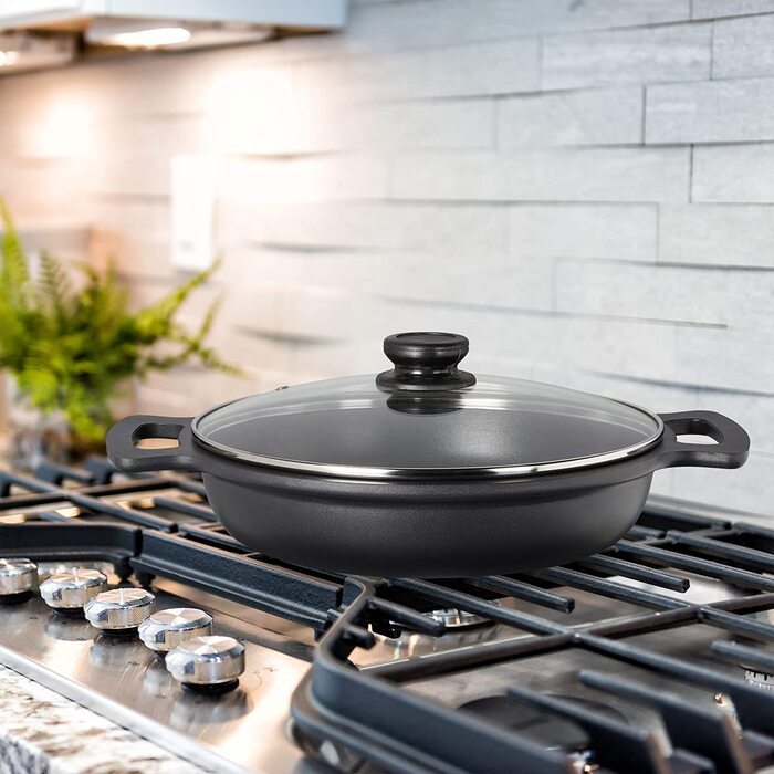 Relaxdays Servierpfanne, antihaftbeschichtet, mit Deckel, für Herd & Grill, Aluminium, Grillpfanne, D 28 cm, anthrazit