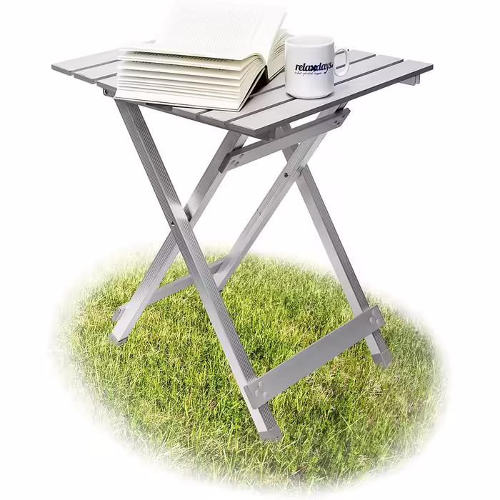 Relaxdays Klapptisch, wetterfest, Beistelltisch HBT: 61 x 49,5 x 47,5 cm für den Garten, robustes Aluminium, silber