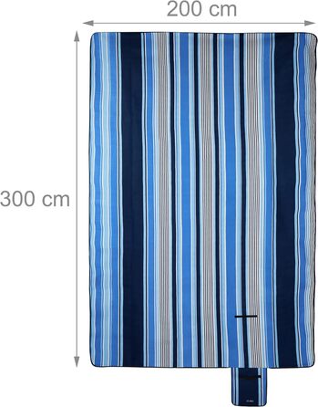 Relaxdays XXL Picknickdecke, 200x300 cm, wasserdichte Unterseite, Tragegriff, Fleece Isolierdecke, gestreift, blau-weiß