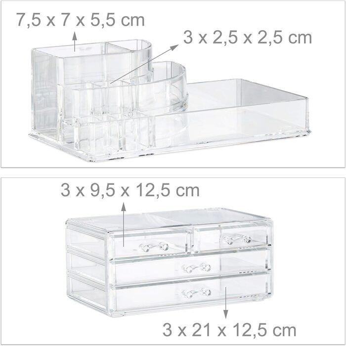 Relaxdays 1 x Make Up Organizer mit 4 Schubladen, Kosmetik Halter Nagellack u. Lippenstift, Acryl Make Up Kit, transparent