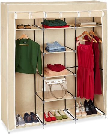 Relaxdays Stoffkleiderschrank, 9 Fächer, 2 Kleiderstangen, HBT: 173 x 148 x 43 cm, Camping, Keller, Faltschrank,  Stoff (Beige)