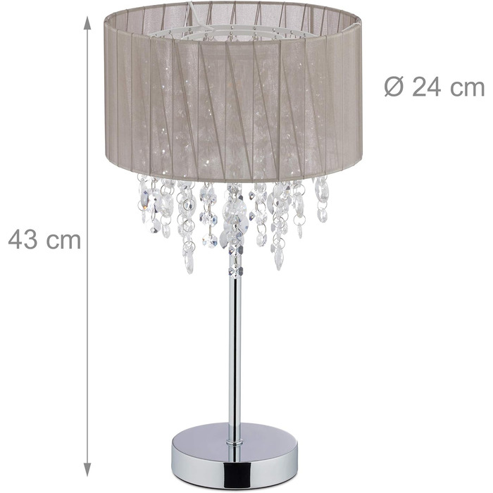 Relaxdays Tischlampe Kristall, Lampenschirm aus Organza, runder Standfuß, Nachttischlampe, HxD: 43 x 24 cm, grau/silber