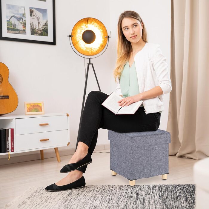 Relaxdays Sitzhocker mit Stauraum, gepolstert, gesteppt, Stoffbezug, 40x38x38 cm, Dunkelgrau