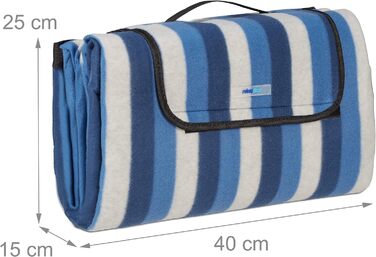Relaxdays XXL Picknickdecke, 200 x 200 cm, Fleece Stranddecke, wärmeisoliert, wasserdicht, mit Tragegriff, blau/weiß