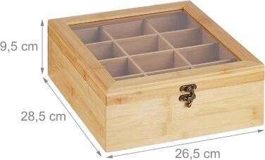Relaxdays Teebox, 12 Fächer, Bambus, 9,5x26,5x28,5 cm, Tee & Kaffeepads, Deckel, Natur