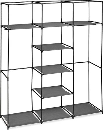Relaxdays Stoffschrank mit Kleiderstange & 9 Ablagen, HxBxT: 172x147x43cm, Kleiderschrank mit Reißverschluss, anthrazit