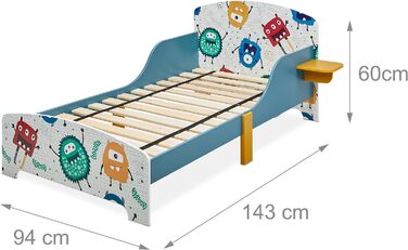 Relaxdays Kinderbett, HBT: 60x94x143 cm, Kleinkindbett mit Ablage, Rausfallschutz, Lattenrost, Monster-Motiv, MDF, bunt