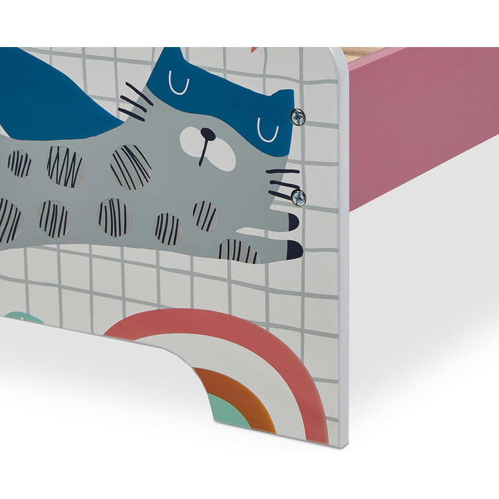 Relaxdays Kinderbett, HBT 60 x 94 x 143 cm, Kleinkindbett mit Ablage, Rausfallschutz, Lattenrost, Superheldin, MDF, bunt