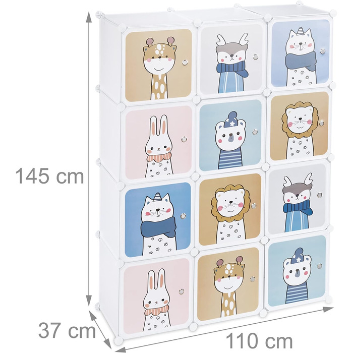 Relaxdays Steckregal Kinder, 2 Kleiderstangen, Türen mit Tierkindern, HBT: 145x110x37 cm, DIY Kinderkleiderschrank, weiß