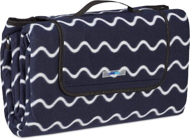 Relaxdays XXL Picknickdecke, 200x200 cm, Fleece Stranddecke, wärmeisoliert, wasserdicht, mit Tragegriff, dunkelblau/weiß