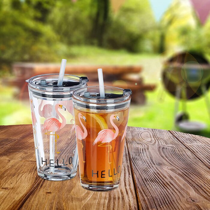 Relaxdays Glasbecher mit Deckel & Strohhalm, 4er Set Flamingo Gläser, 450 ml, spülmaschinenfest, Trinkglas, transparent