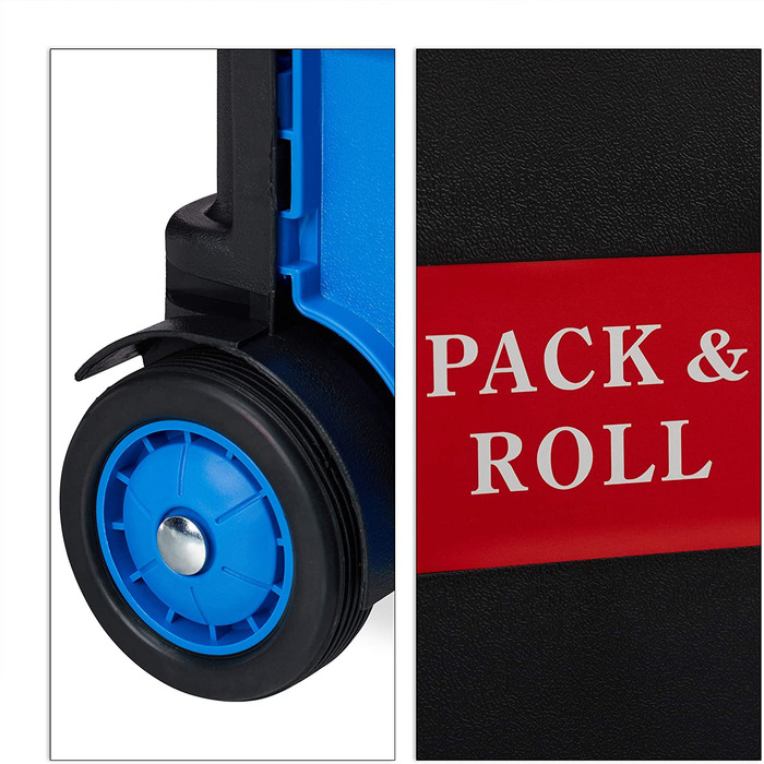 Relaxdays Einkaufstrolley klappbar, bis 35 kg, 50 l Kiste, mit Teleskopgriff, 2 Rollen, Transport Trolley, blau/schwarz