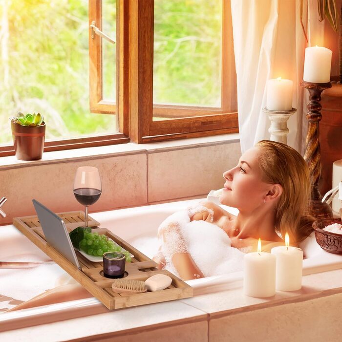 Relaxdays Badewannenablage Bambus, 73,5 cm breit, Badewannenbrett mit Glas- & Tablethalter, Badewannentablett, Natur