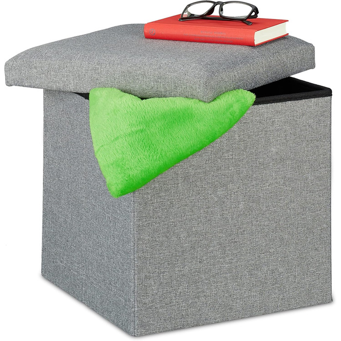 Relaxdays Sitzhocker mit Stauraum, faltbar, gepolstert, 37x37,5x37,5 cm, 1 Stück, Grau
