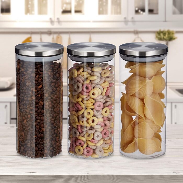 Relaxdays Vorratsglas 3er Set, 1,3 L, luftdicht, Edelstahl Deckel, Küchenbehälter