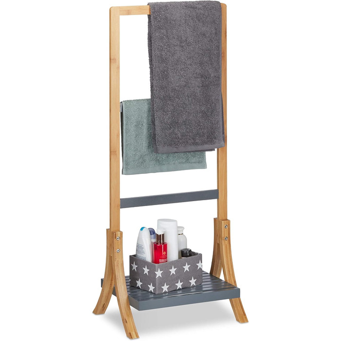 Relaxdays Handtuchständer, 3 Stangen, Ablage, 103x41x28cm, Bambus/MDF, Natur/Grau