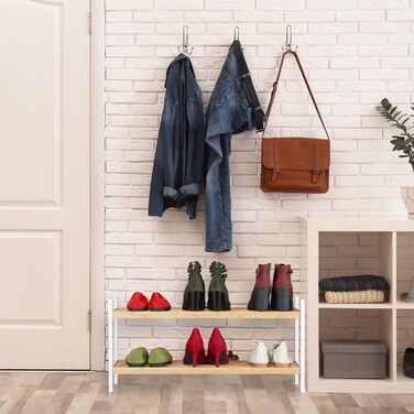 Relaxdays Schuhregal, Schuhablage mit 2 Ebenen, bis 6 Schuhpaare, Bambus & Birkenholz, HxBxT 33 x 70 x 26 cm, Natur/weiß
