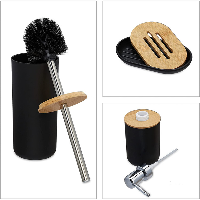 Relaxdays Badezimmer Set, 6-teilig, Badaccessoires Kunststoff, Bambus, komplette Badezimmerausstattung, Badset, (Schwarz)