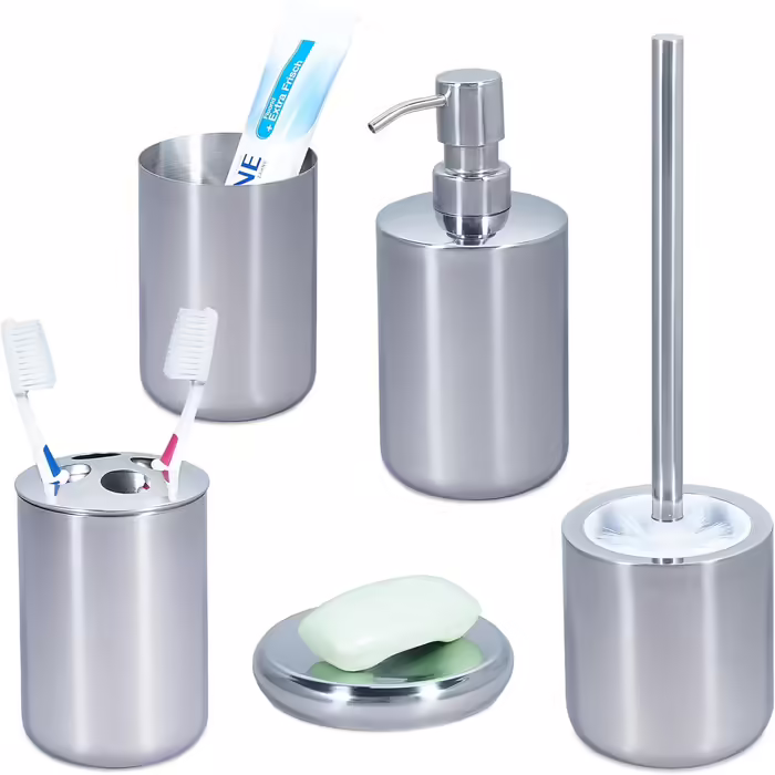Relaxdays 5-tlg. Badezimmer Set, Edelstahl poliert, moderne Badaccessoires, Silber
